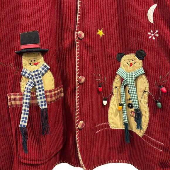Vintage Ugly Christmas Sweater Cardigan, Red Corduroy Snowman Appliqué, Size XL - Picture 3 of 12